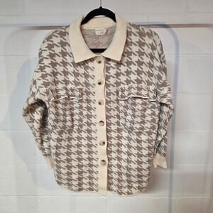 Dreamers by Debut Houndstooth Knit Cardigan Cream Brown Button Front Medium Soft